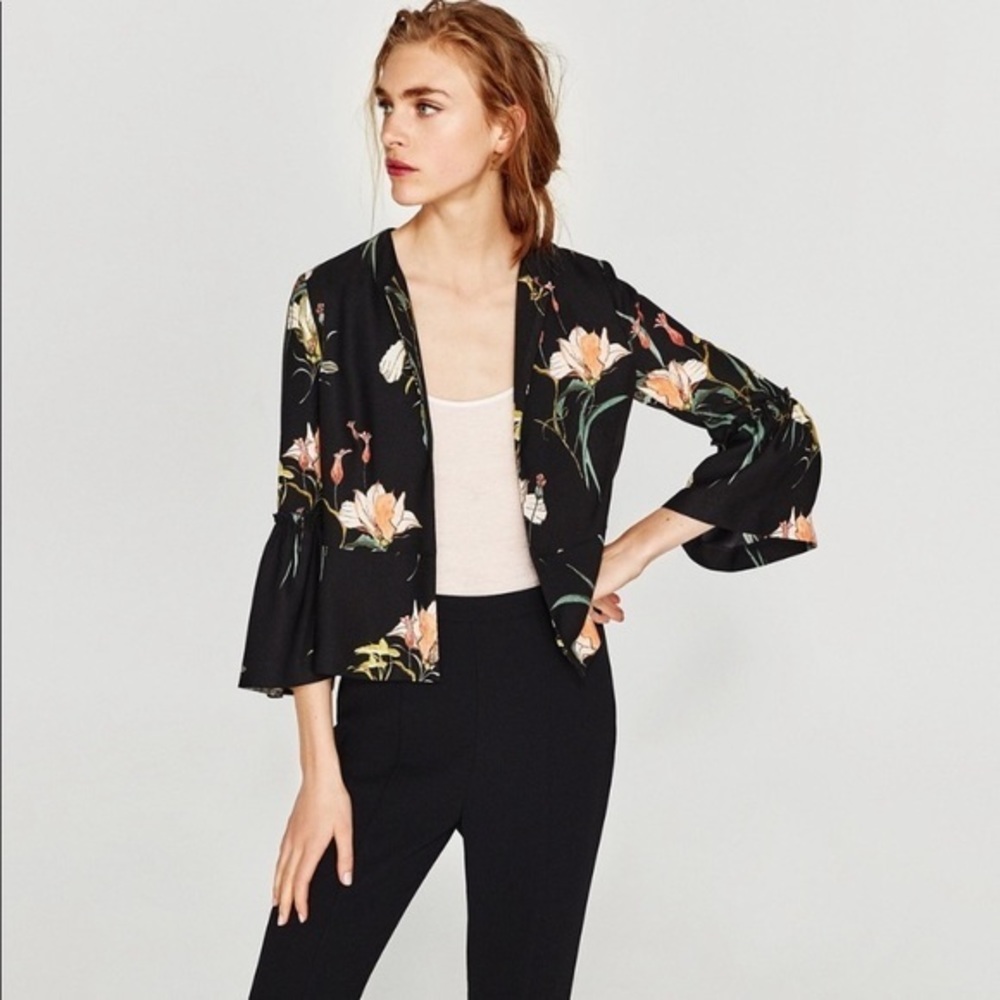 Zara black floral open bell sleeve blazer jacket